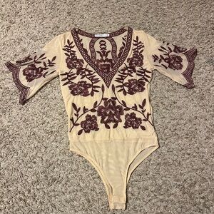 NanaMacs Cream Bodysuit with Burgundy Floral Embroidery